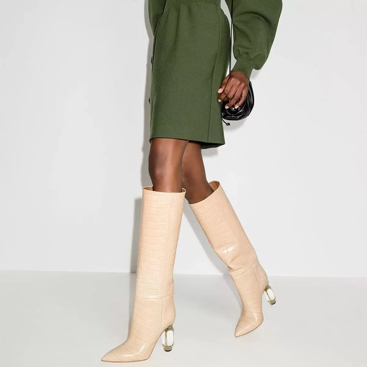 imageFSJ Women Trendy Studded Knee High Stretch Long Boots Pointed Toe Crystal Block Chunky Heel Comfort Winter Warm Faux Suede Pull On Shoes Size 415 USApricot