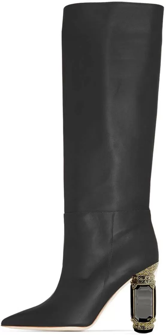 imageFSJ Women Trendy Studded Knee High Stretch Long Boots Pointed Toe Crystal Block Chunky Heel Comfort Winter Warm Faux Suede Pull On Shoes Size 415 USBlack Matte Leather