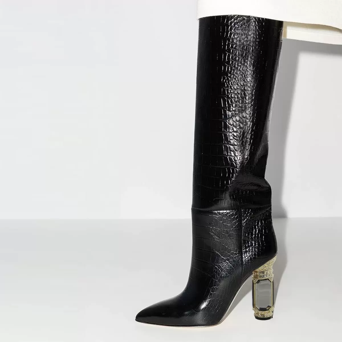 imageFSJ Women Trendy Studded Knee High Stretch Long Boots Pointed Toe Crystal Block Chunky Heel Comfort Winter Warm Faux Suede Pull On Shoes Size 415 USBlack1
