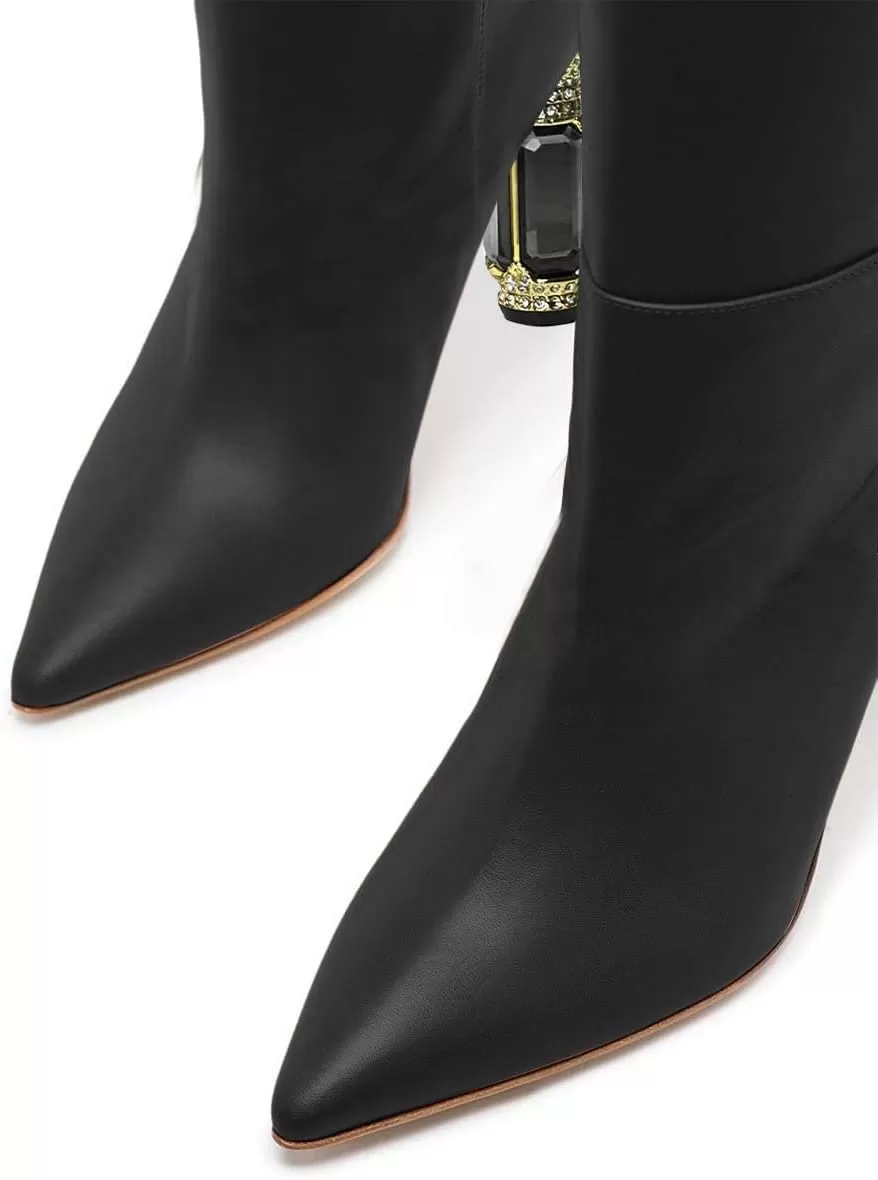 imageFSJ Women Trendy Studded Knee High Stretch Long Boots Pointed Toe Crystal Block Chunky Heel Comfort Winter Warm Faux Suede Pull On Shoes Size 415 USBlack Matte Leather
