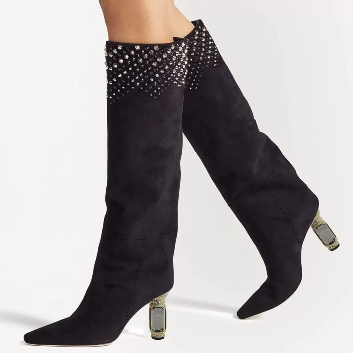 imageFSJ Women Trendy Studded Knee High Stretch Long Boots Pointed Toe Crystal Block Chunky Heel Comfort Winter Warm Faux Suede Pull On Shoes Size 415 USBlack