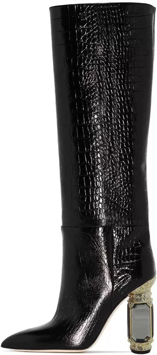 imageFSJ Women Trendy Studded Knee High Stretch Long Boots Pointed Toe Crystal Block Chunky Heel Comfort Winter Warm Faux Suede Pull On Shoes Size 415 USBlack1