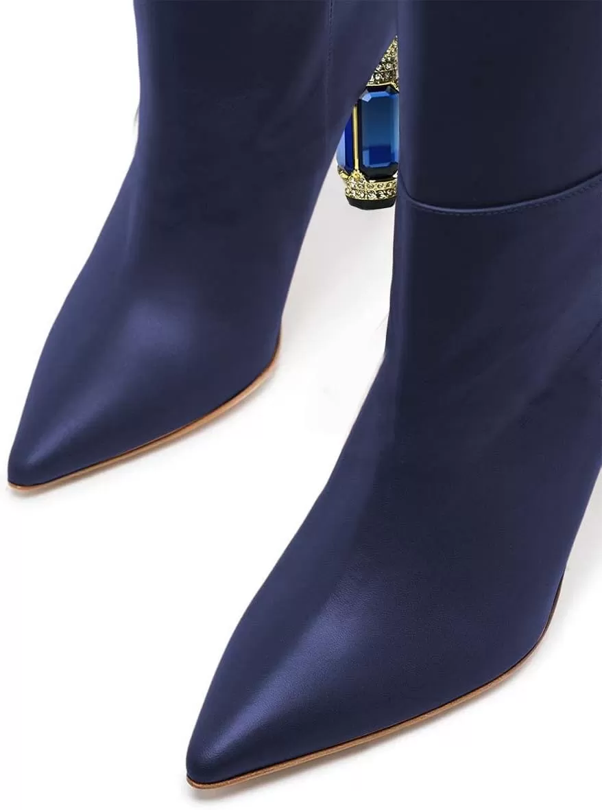 imageFSJ Women Trendy Studded Knee High Stretch Long Boots Pointed Toe Crystal Block Chunky Heel Comfort Winter Warm Faux Suede Pull On Shoes Size 415 USBlue