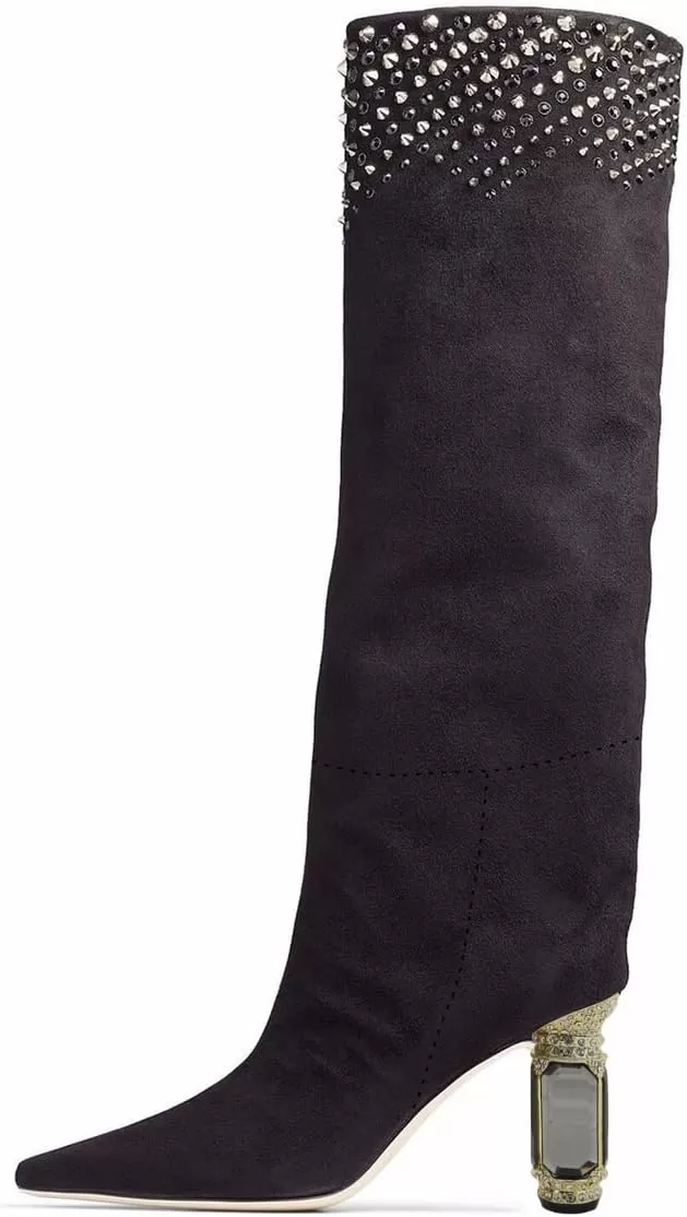 imageFSJ Women Trendy Studded Knee High Stretch Long Boots Pointed Toe Crystal Block Chunky Heel Comfort Winter Warm Faux Suede Pull On Shoes Size 415 USBlack