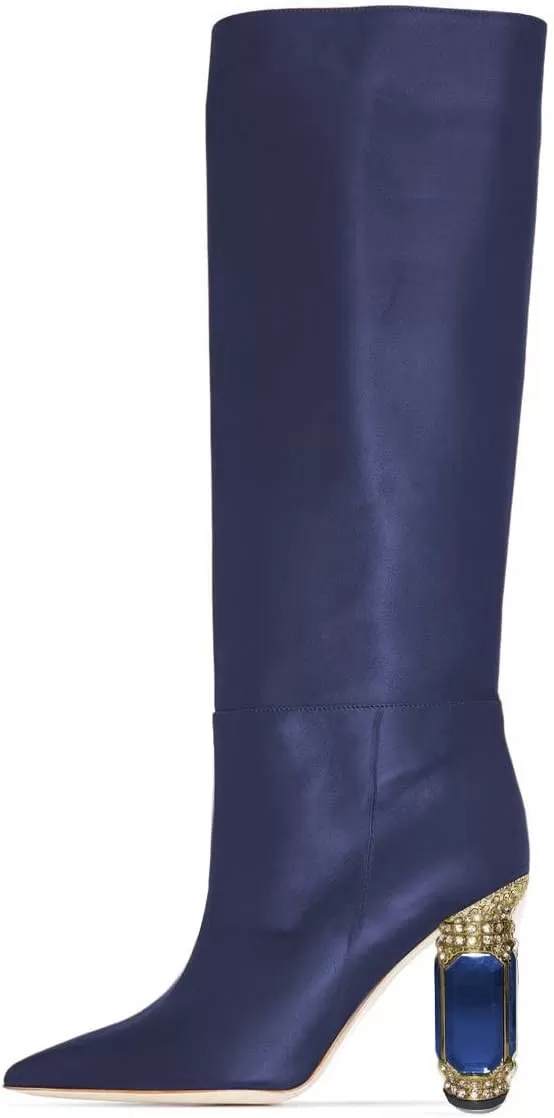 imageFSJ Women Trendy Studded Knee High Stretch Long Boots Pointed Toe Crystal Block Chunky Heel Comfort Winter Warm Faux Suede Pull On Shoes Size 415 USBlue