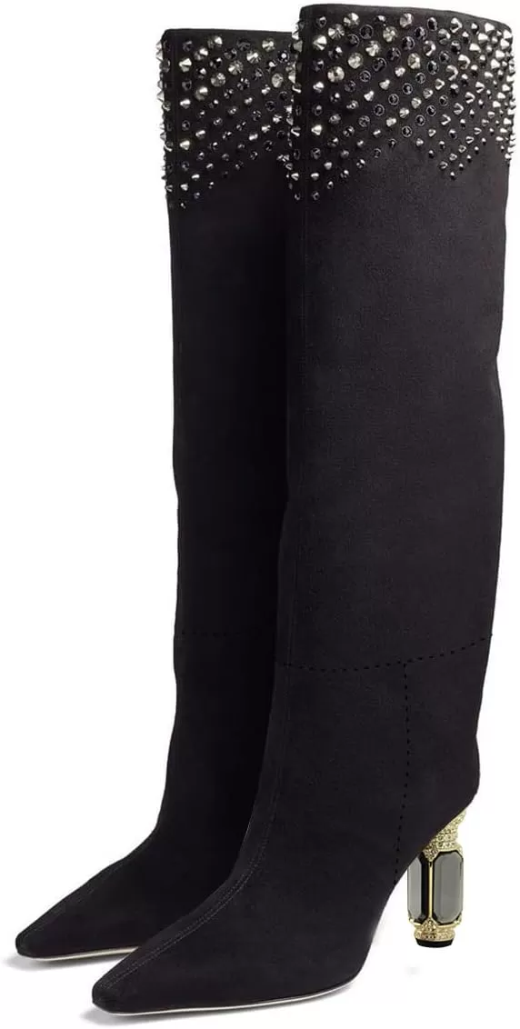 imageFSJ Women Trendy Studded Knee High Stretch Long Boots Pointed Toe Crystal Block Chunky Heel Comfort Winter Warm Faux Suede Pull On Shoes Size 415 USBlack