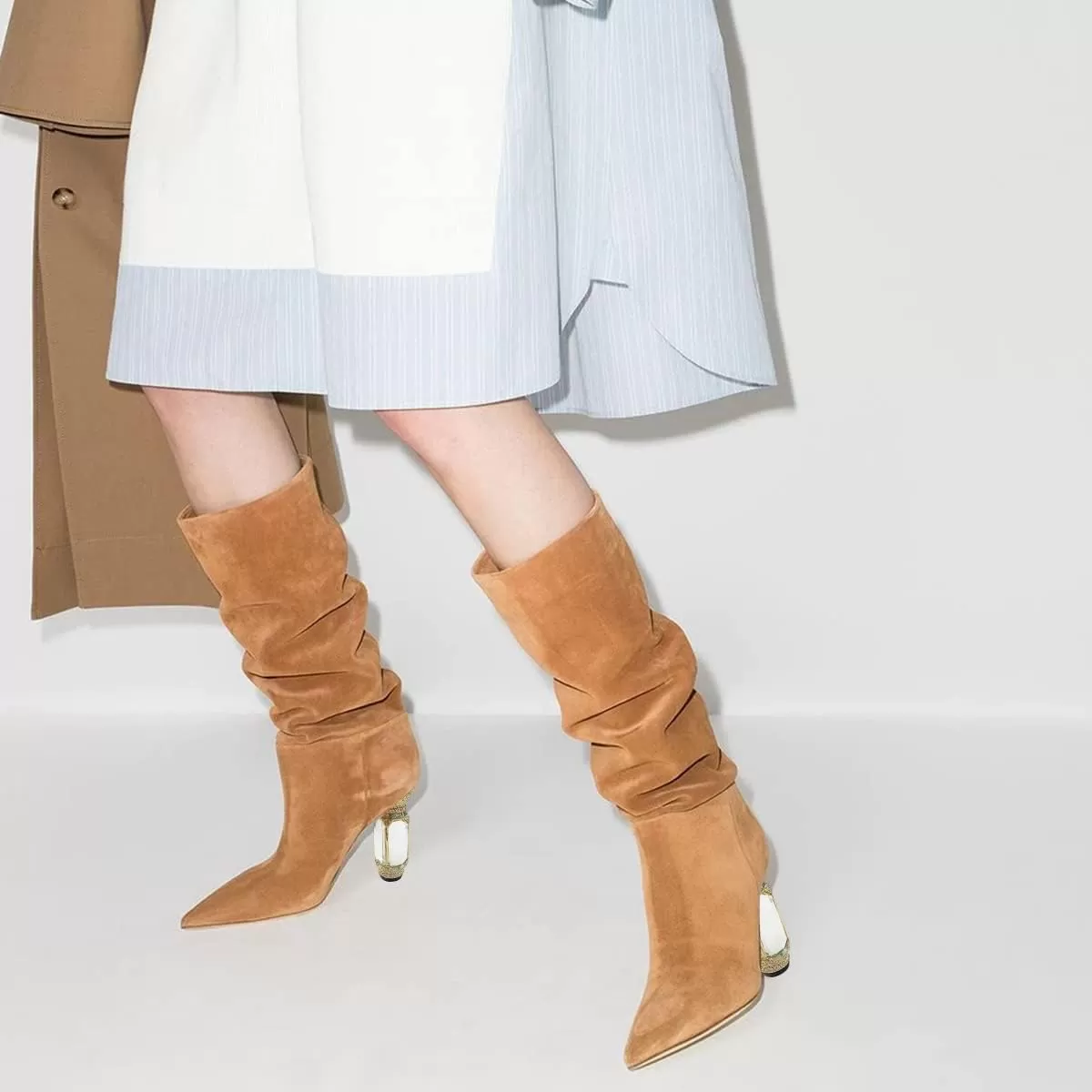 imageFSJ Women Trendy Studded Knee High Stretch Long Boots Pointed Toe Crystal Block Chunky Heel Comfort Winter Warm Faux Suede Pull On Shoes Size 415 USBrown