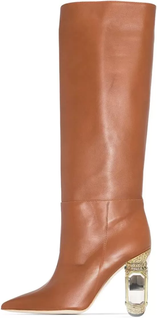 imageFSJ Women Trendy Studded Knee High Stretch Long Boots Pointed Toe Crystal Block Chunky Heel Comfort Winter Warm Faux Suede Pull On Shoes Size 415 USBrown1