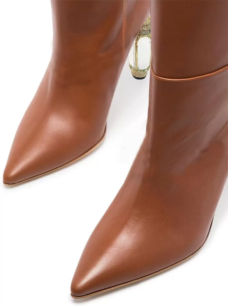 imageFSJ Women Trendy Studded Knee High Stretch Long Boots Pointed Toe Crystal Block Chunky Heel Comfort Winter Warm Faux Suede Pull On Shoes Size 415 USBrown1