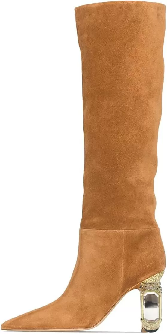 imageFSJ Women Trendy Studded Knee High Stretch Long Boots Pointed Toe Crystal Block Chunky Heel Comfort Winter Warm Faux Suede Pull On Shoes Size 415 USBrown