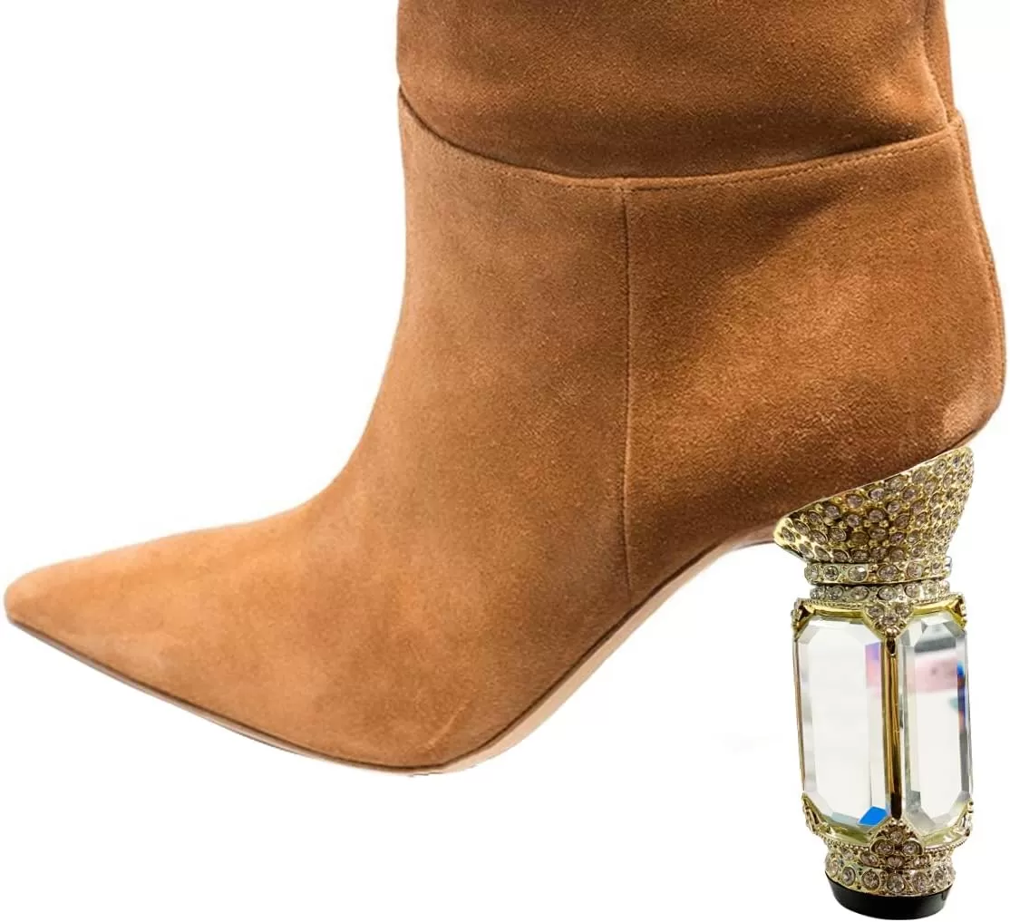 imageFSJ Women Trendy Studded Knee High Stretch Long Boots Pointed Toe Crystal Block Chunky Heel Comfort Winter Warm Faux Suede Pull On Shoes Size 415 USBrown