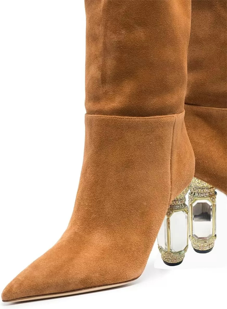 imageFSJ Women Trendy Studded Knee High Stretch Long Boots Pointed Toe Crystal Block Chunky Heel Comfort Winter Warm Faux Suede Pull On Shoes Size 415 USBrown