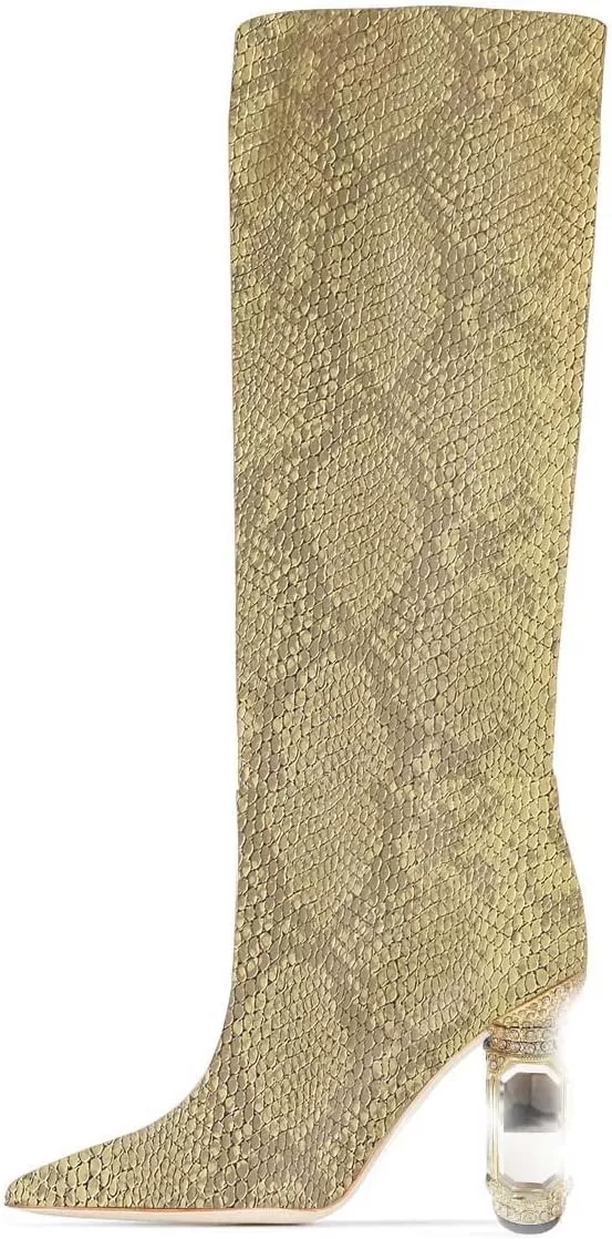 imageFSJ Women Trendy Studded Knee High Stretch Long Boots Pointed Toe Crystal Block Chunky Heel Comfort Winter Warm Faux Suede Pull On Shoes Size 415 USGold Snakeskin