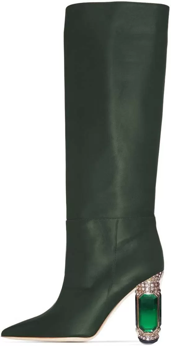 imageFSJ Women Trendy Studded Knee High Stretch Long Boots Pointed Toe Crystal Block Chunky Heel Comfort Winter Warm Faux Suede Pull On Shoes Size 415 USGreen