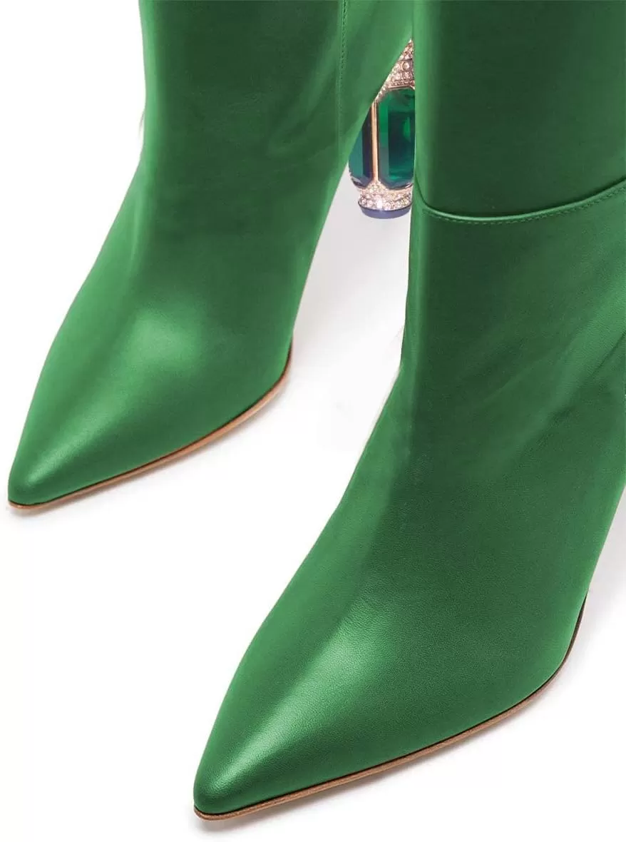 imageFSJ Women Trendy Studded Knee High Stretch Long Boots Pointed Toe Crystal Block Chunky Heel Comfort Winter Warm Faux Suede Pull On Shoes Size 415 USGreen Matte Leather
