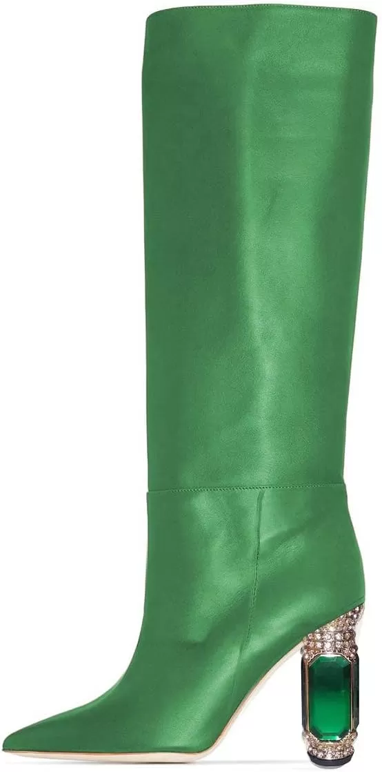 imageFSJ Women Trendy Studded Knee High Stretch Long Boots Pointed Toe Crystal Block Chunky Heel Comfort Winter Warm Faux Suede Pull On Shoes Size 415 USGreen Matte Leather