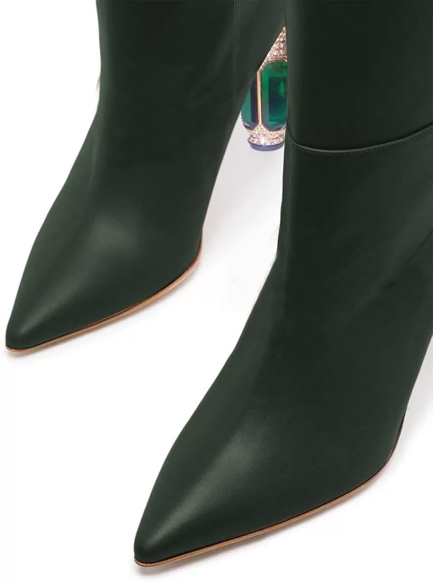 imageFSJ Women Trendy Studded Knee High Stretch Long Boots Pointed Toe Crystal Block Chunky Heel Comfort Winter Warm Faux Suede Pull On Shoes Size 415 USGreen