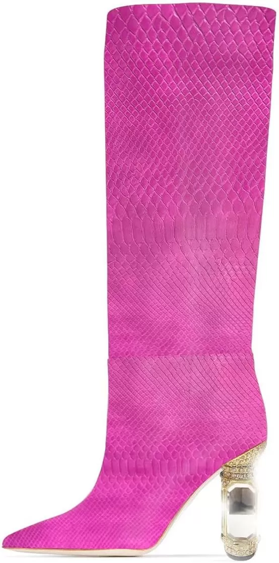 imageFSJ Women Trendy Studded Knee High Stretch Long Boots Pointed Toe Crystal Block Chunky Heel Comfort Winter Warm Faux Suede Pull On Shoes Size 415 USHot Pink Crocodile