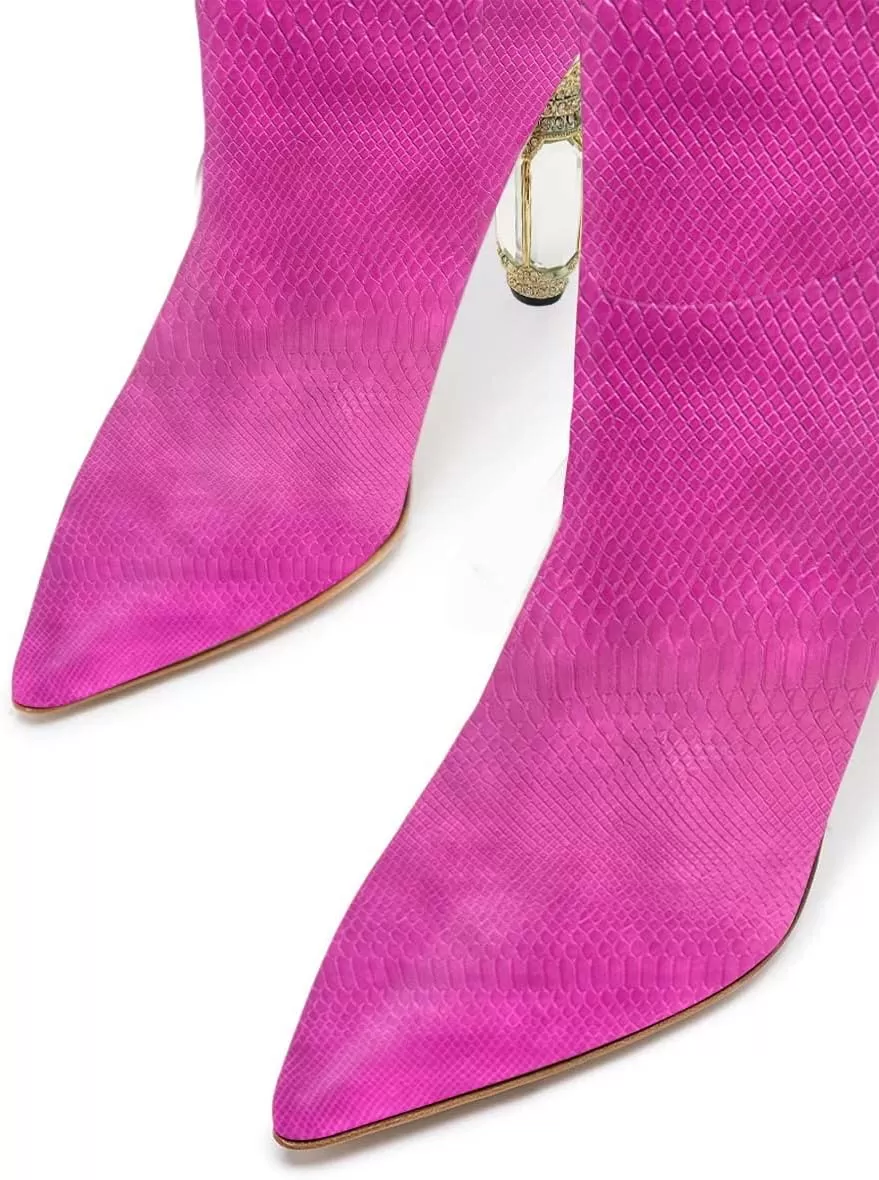 imageFSJ Women Trendy Studded Knee High Stretch Long Boots Pointed Toe Crystal Block Chunky Heel Comfort Winter Warm Faux Suede Pull On Shoes Size 415 USHot Pink Crocodile