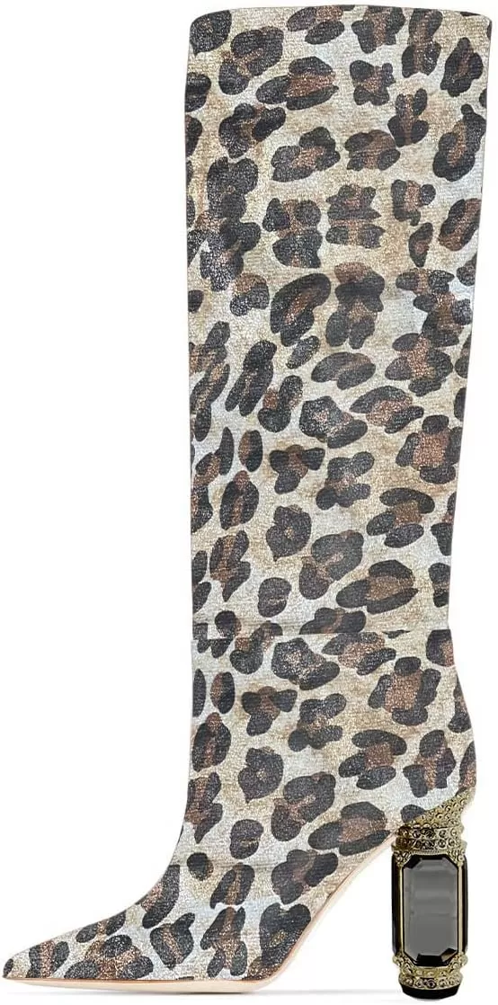 imageFSJ Women Trendy Studded Knee High Stretch Long Boots Pointed Toe Crystal Block Chunky Heel Comfort Winter Warm Faux Suede Pull On Shoes Size 415 USLeopard Print