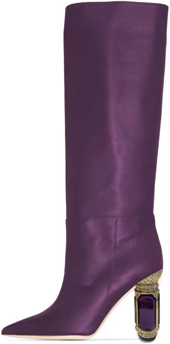imageFSJ Women Trendy Studded Knee High Stretch Long Boots Pointed Toe Crystal Block Chunky Heel Comfort Winter Warm Faux Suede Pull On Shoes Size 415 USPurple
