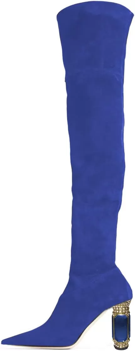 imageFSJ Women Winter Over The Knee Boots Crystal Chunky High Heel Stretch Thigh High Fashion Zipper Long Boots Warm Shoes Size 415 USBlue