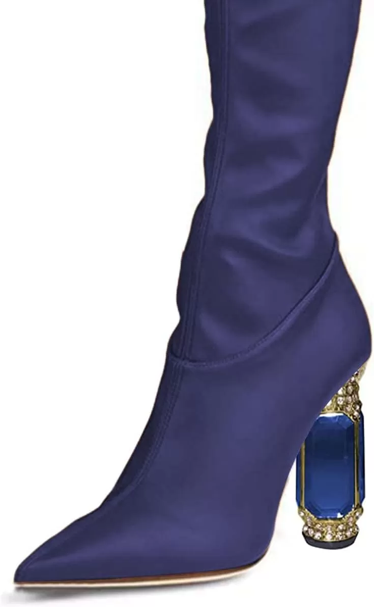 imageFSJ Women Winter Over The Knee Boots Crystal Chunky High Heel Stretch Thigh High Fashion Zipper Long Boots Warm Shoes Size 415 USBlue Pu