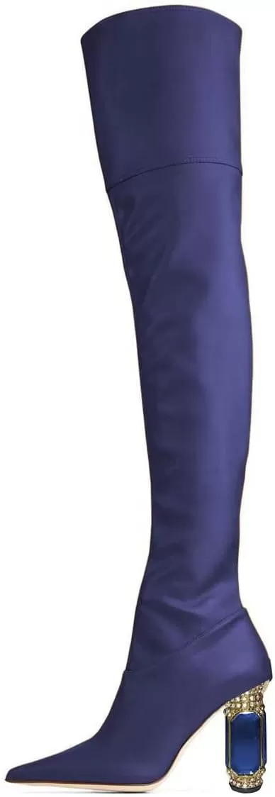 imageFSJ Women Winter Over The Knee Boots Crystal Chunky High Heel Stretch Thigh High Fashion Zipper Long Boots Warm Shoes Size 415 USBlue Pu