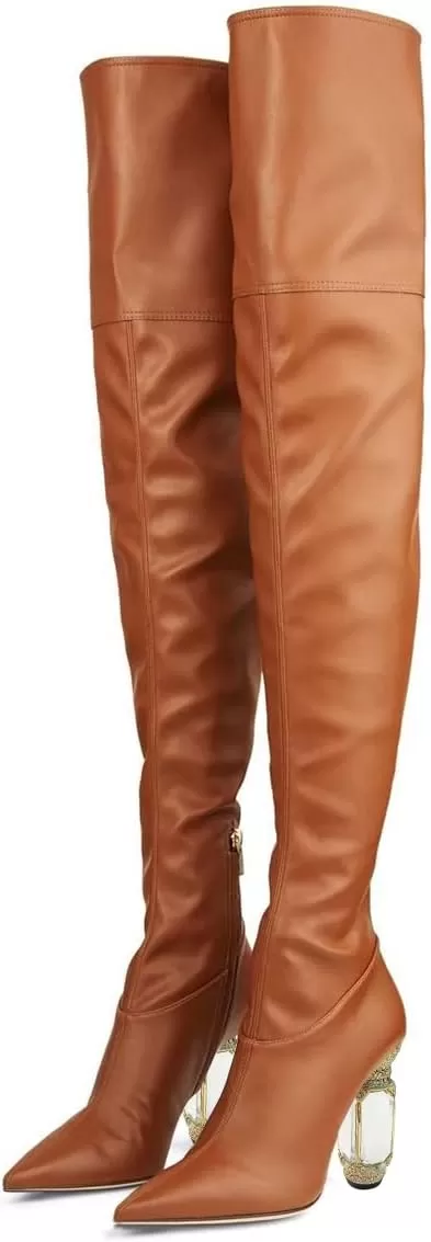 imageFSJ Women Winter Over The Knee Boots Crystal Chunky High Heel Stretch Thigh High Fashion Zipper Long Boots Warm Shoes Size 415 USBrown