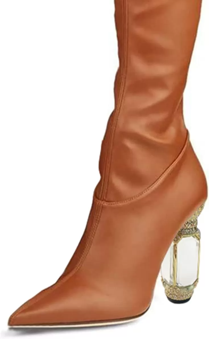 imageFSJ Women Winter Over The Knee Boots Crystal Chunky High Heel Stretch Thigh High Fashion Zipper Long Boots Warm Shoes Size 415 USBrown