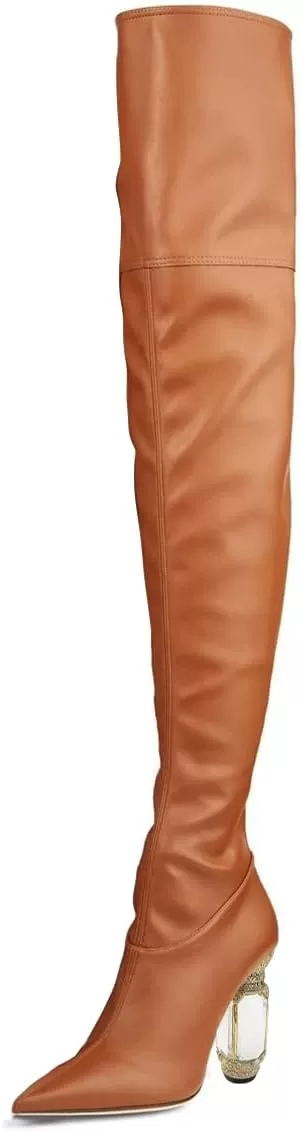 imageFSJ Women Winter Over The Knee Boots Crystal Chunky High Heel Stretch Thigh High Fashion Zipper Long Boots Warm Shoes Size 415 USBrown