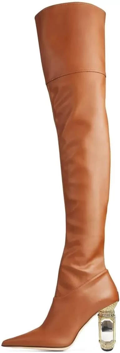 imageFSJ Women Winter Over The Knee Boots Crystal Chunky High Heel Stretch Thigh High Fashion Zipper Long Boots Warm Shoes Size 415 USBrown