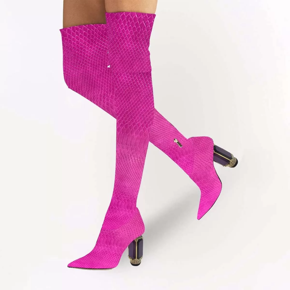 imageFSJ Women Winter Over The Knee Boots Crystal Chunky High Heel Stretch Thigh High Fashion Zipper Long Boots Warm Shoes Size 415 USCrocodile Fuchsia