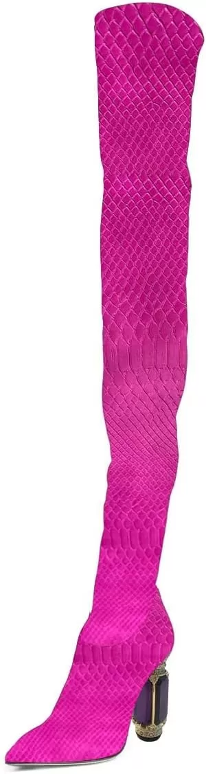 imageFSJ Women Winter Over The Knee Boots Crystal Chunky High Heel Stretch Thigh High Fashion Zipper Long Boots Warm Shoes Size 415 USCrocodile Fuchsia