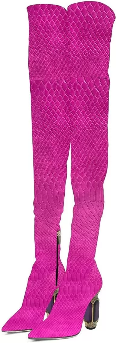 imageFSJ Women Winter Over The Knee Boots Crystal Chunky High Heel Stretch Thigh High Fashion Zipper Long Boots Warm Shoes Size 415 USCrocodile Fuchsia