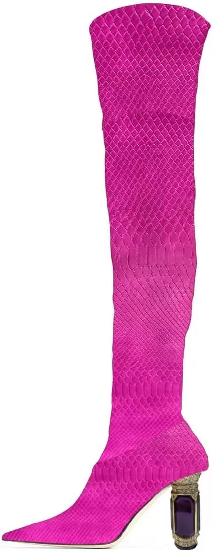 imageFSJ Women Winter Over The Knee Boots Crystal Chunky High Heel Stretch Thigh High Fashion Zipper Long Boots Warm Shoes Size 415 USCrocodile Fuchsia