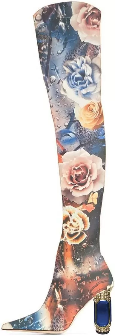 imageFSJ Women Winter Over The Knee Boots Crystal Chunky High Heel Stretch Thigh High Fashion Zipper Long Boots Warm Shoes Size 415 USFlower
