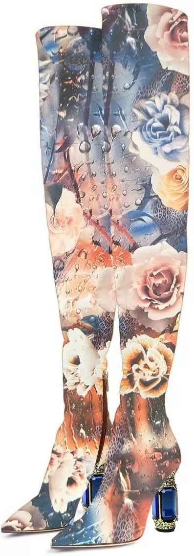 imageFSJ Women Winter Over The Knee Boots Crystal Chunky High Heel Stretch Thigh High Fashion Zipper Long Boots Warm Shoes Size 415 USFlower
