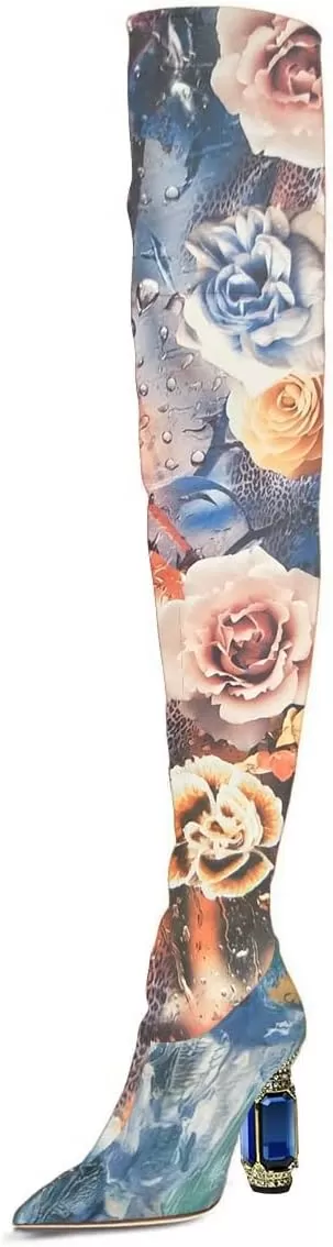 imageFSJ Women Winter Over The Knee Boots Crystal Chunky High Heel Stretch Thigh High Fashion Zipper Long Boots Warm Shoes Size 415 USFlower