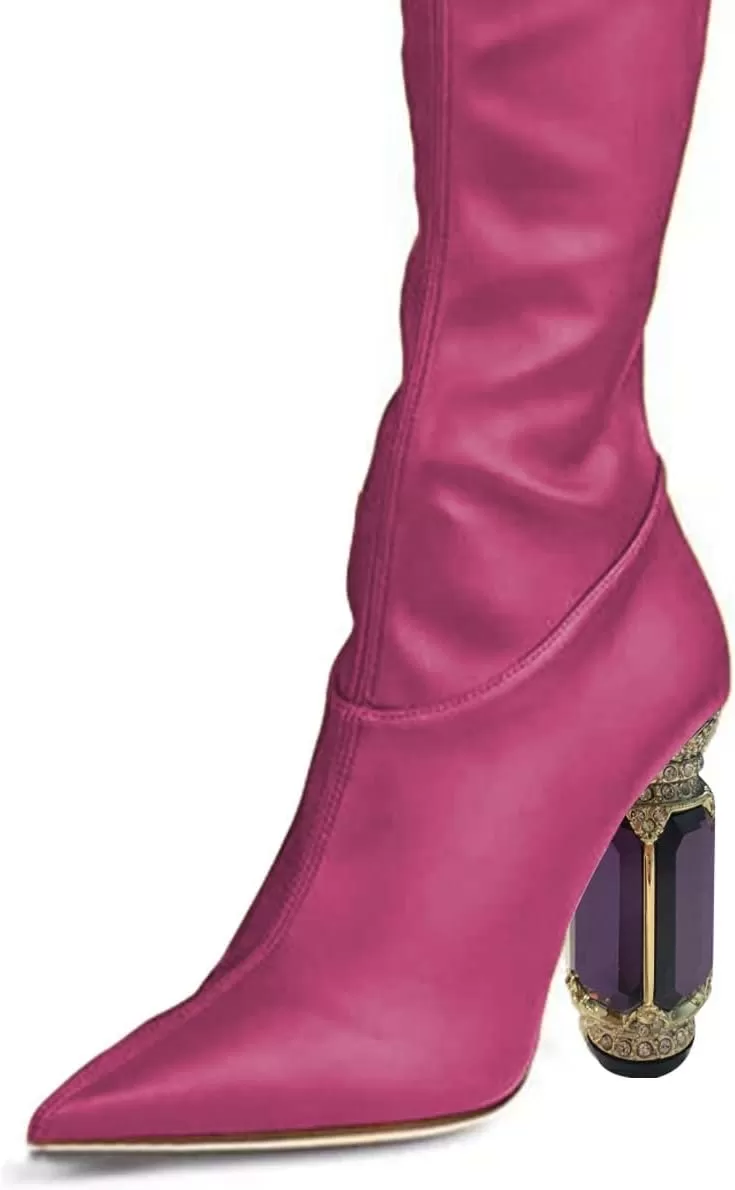 imageFSJ Women Winter Over The Knee Boots Crystal Chunky High Heel Stretch Thigh High Fashion Zipper Long Boots Warm Shoes Size 415 USFuchsia Pu