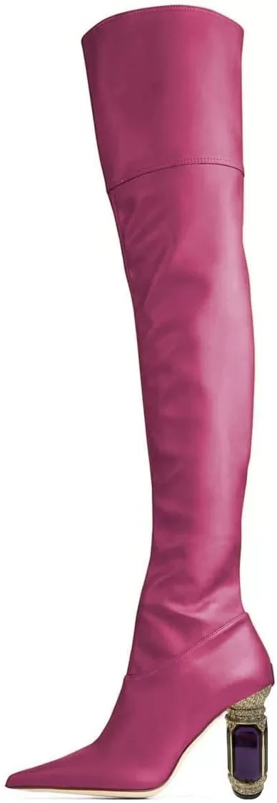 imageFSJ Women Winter Over The Knee Boots Crystal Chunky High Heel Stretch Thigh High Fashion Zipper Long Boots Warm Shoes Size 415 USFuchsia Pu