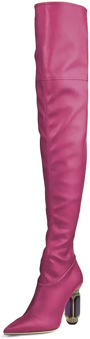 imageFSJ Women Winter Over The Knee Boots Crystal Chunky High Heel Stretch Thigh High Fashion Zipper Long Boots Warm Shoes Size 415 USFuchsia Pu