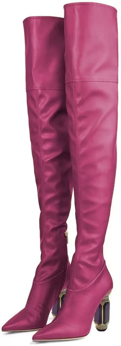imageFSJ Women Winter Over The Knee Boots Crystal Chunky High Heel Stretch Thigh High Fashion Zipper Long Boots Warm Shoes Size 415 USFuchsia Pu