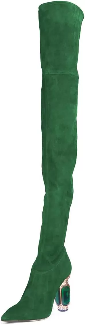 imageFSJ Women Winter Over The Knee Boots Crystal Chunky High Heel Stretch Thigh High Fashion Zipper Long Boots Warm Shoes Size 415 USGreen