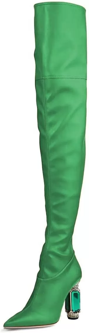 imageFSJ Women Winter Over The Knee Boots Crystal Chunky High Heel Stretch Thigh High Fashion Zipper Long Boots Warm Shoes Size 415 USGreen Pu
