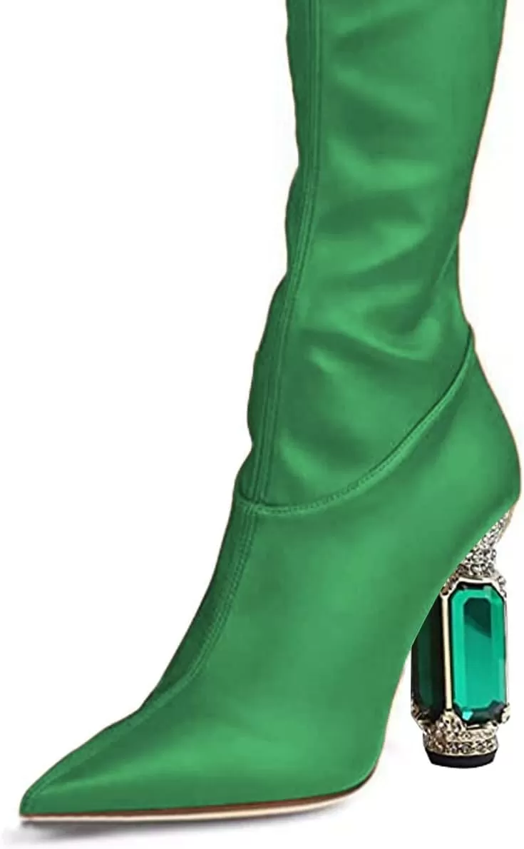 imageFSJ Women Winter Over The Knee Boots Crystal Chunky High Heel Stretch Thigh High Fashion Zipper Long Boots Warm Shoes Size 415 USGreen Pu