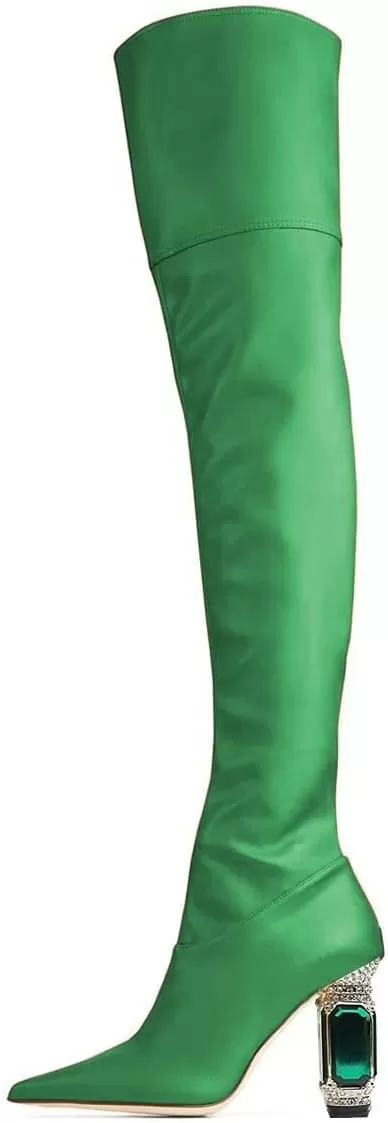 imageFSJ Women Winter Over The Knee Boots Crystal Chunky High Heel Stretch Thigh High Fashion Zipper Long Boots Warm Shoes Size 415 USGreen Pu