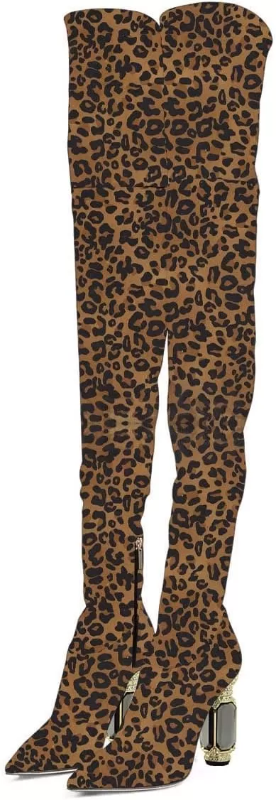 imageFSJ Women Winter Over The Knee Boots Crystal Chunky High Heel Stretch Thigh High Fashion Zipper Long Boots Warm Shoes Size 415 USLeopard