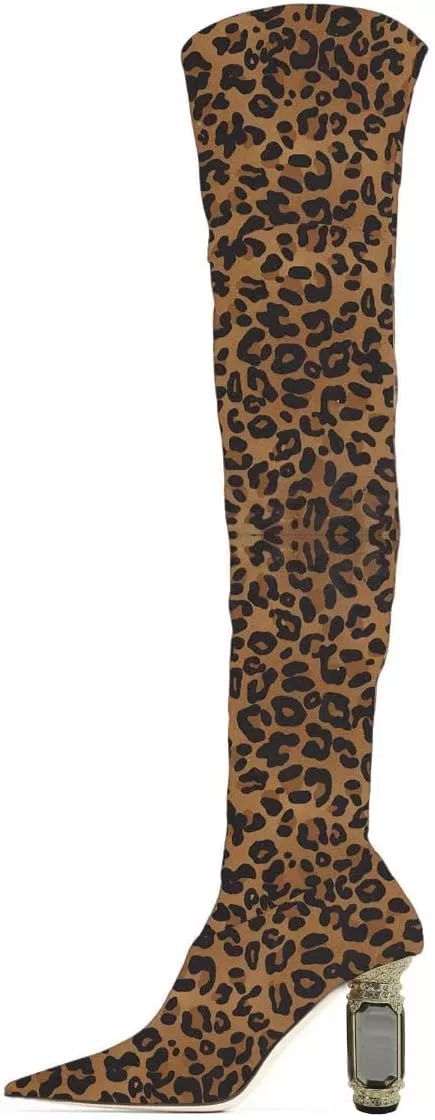 imageFSJ Women Winter Over The Knee Boots Crystal Chunky High Heel Stretch Thigh High Fashion Zipper Long Boots Warm Shoes Size 415 USLeopard