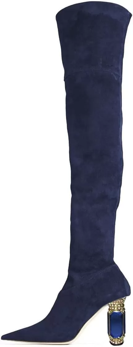 imageFSJ Women Winter Over The Knee Boots Crystal Chunky High Heel Stretch Thigh High Fashion Zipper Long Boots Warm Shoes Size 415 USNavy